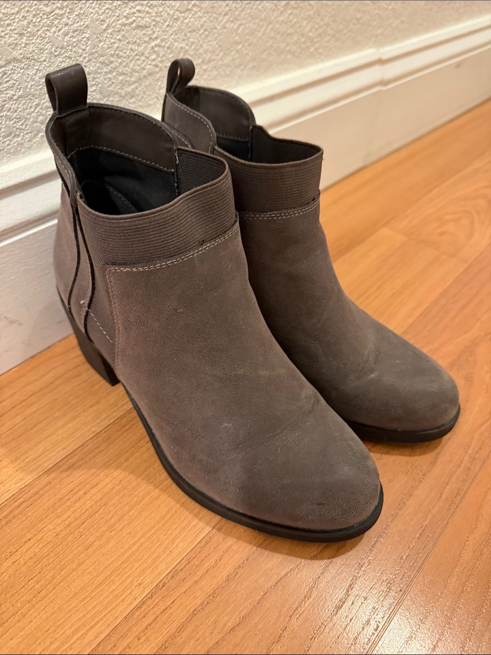 MIA Taupe Suede Ankle Booties with Low Block Heel